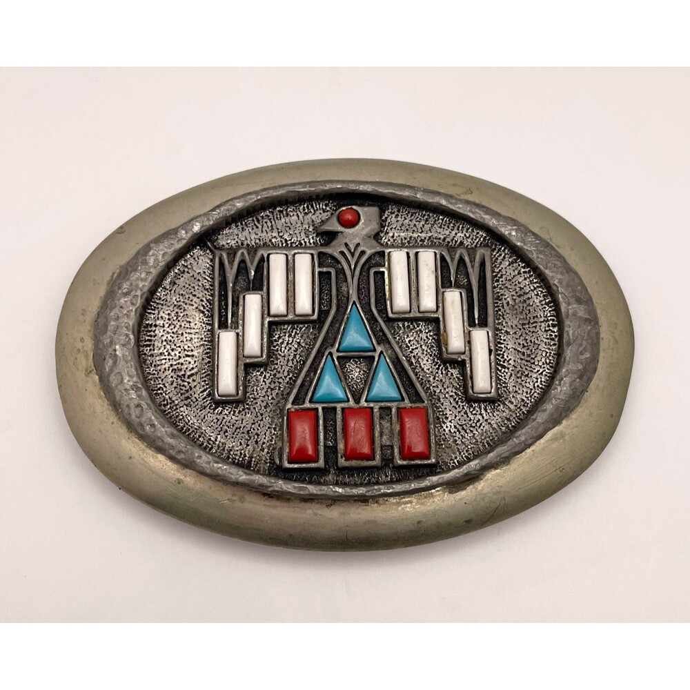J. Ritter Signed Oval Silver Tone Southwestern Thunderbird Inlay Belt Buckle